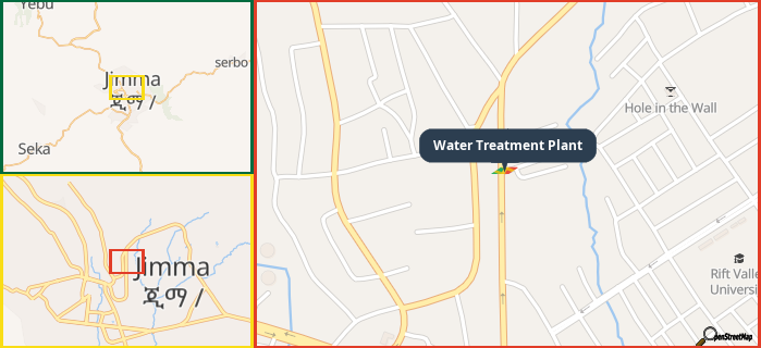 Map showing the address of Water Treatment Plant in three different zoom levels.