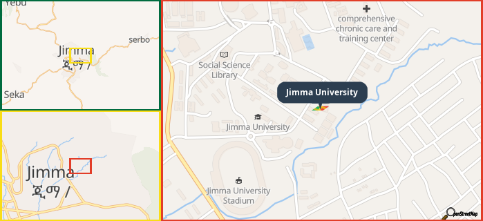 Map showing the address of Jimma University in three different zoom levels.