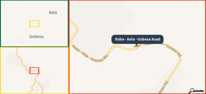 Map showing the address of Robe - Kela - Gobesa Road in three different zoom levels.