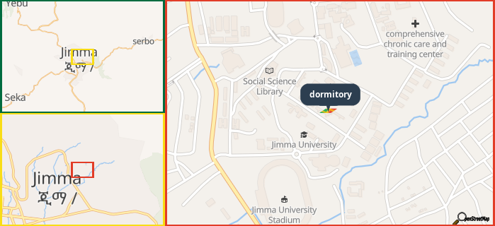 Map showing the address of dormitory in three different zoom levels.