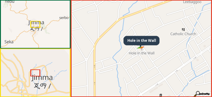 Map showing the address of Hole in the Wall in three different zoom levels.