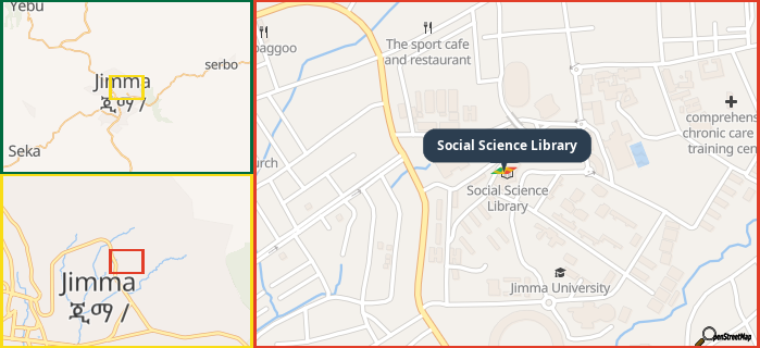 Map showing the address of Social Science Library in three different zoom levels.