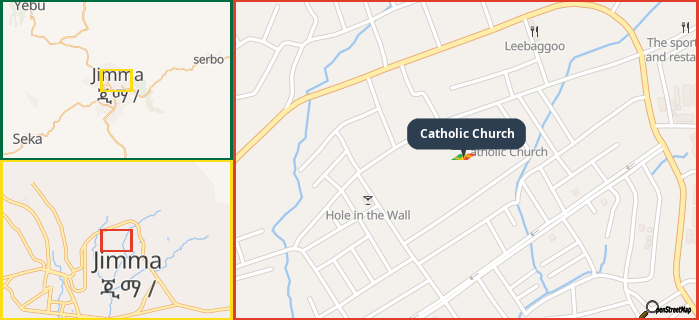 Map showing the address of Catholic Church in three different zoom levels.