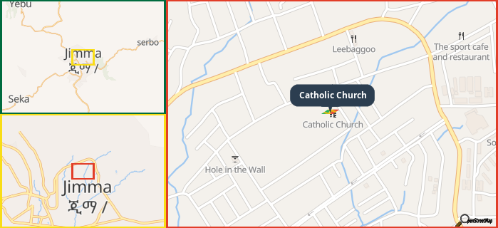 Map showing the address of Catholic Church in three different zoom levels.