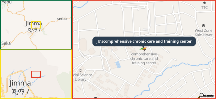 Map showing the address of JU’scomprehensive chronic care and training center in three different zoom levels.