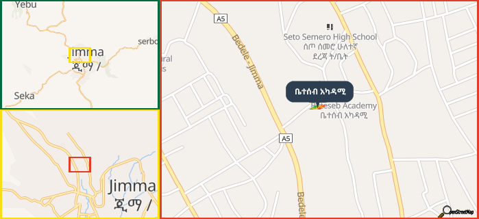 Map showing the address of ቤተሰብ አካዳሚ in three different zoom levels.