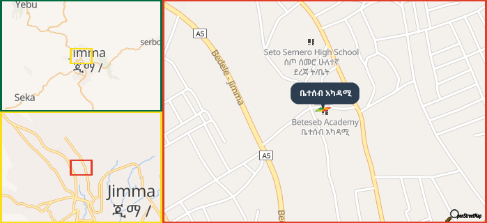 Map showing the address of ቤተሰብ አካዳሚ in three different zoom levels.