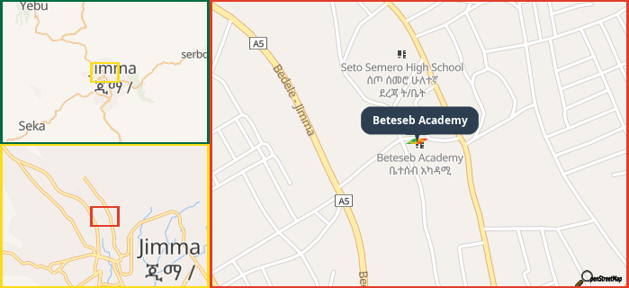 Map showing the address of Beteseb Academy in three different zoom levels.