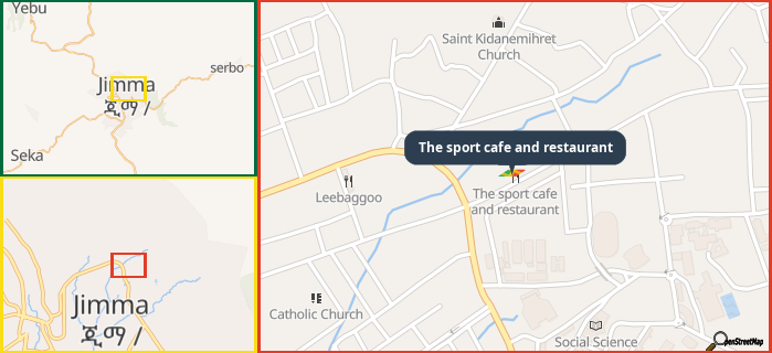 Map showing the address of The sport cafe and restaurant in three different zoom levels.