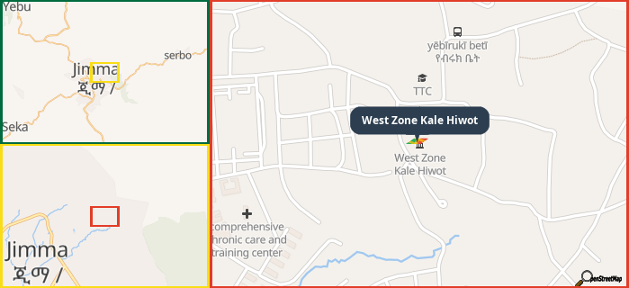 Map showing the address of West Zone Kale Hiwot in three different zoom levels.