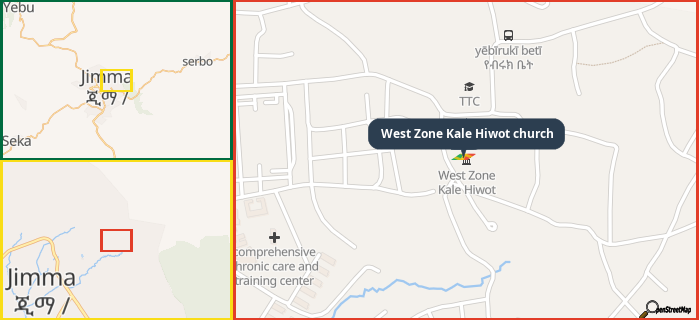 Map showing the address of West Zone Kale Hiwot church in three different zoom levels.