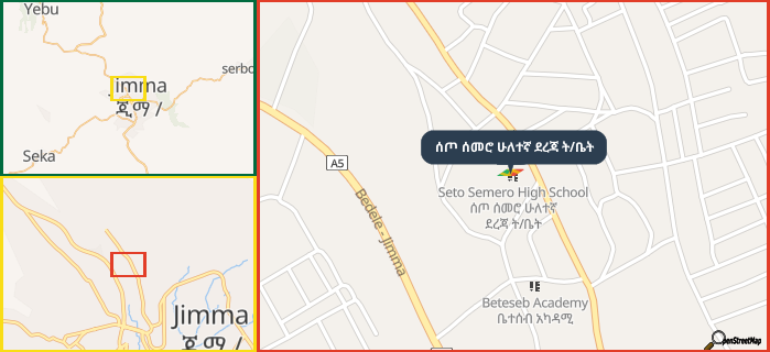 Map showing the address of ሰጦ ሰመሮ ሁለተኛ ደረጃ ት/ቤት in three different zoom levels.