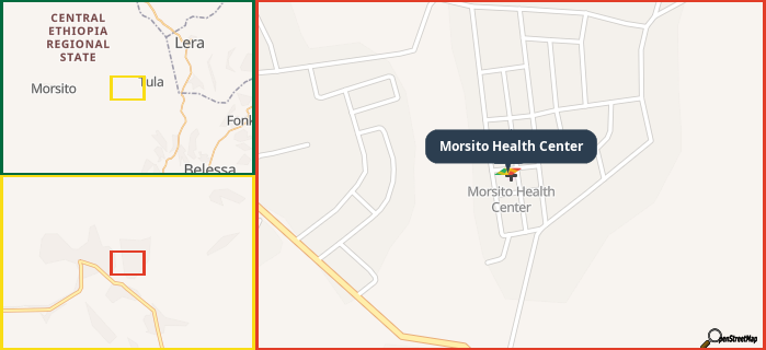 Map showing the address of Morsito Health Center in three different zoom levels.