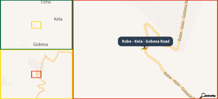 Map showing the address of Robe - Kela - Gobesa Road in three different zoom levels.