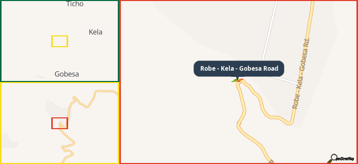 Map showing the address of Robe - Kela - Gobesa Road in three different zoom levels.