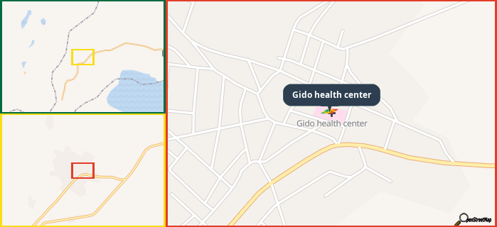 Map showing the address of Gido health center in three different zoom levels.