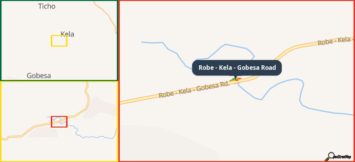 Map showing the address of Robe - Kela - Gobesa Road in three different zoom levels.