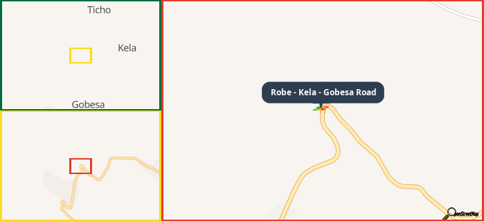 Map showing the address of Robe - Kela - Gobesa Road in three different zoom levels.