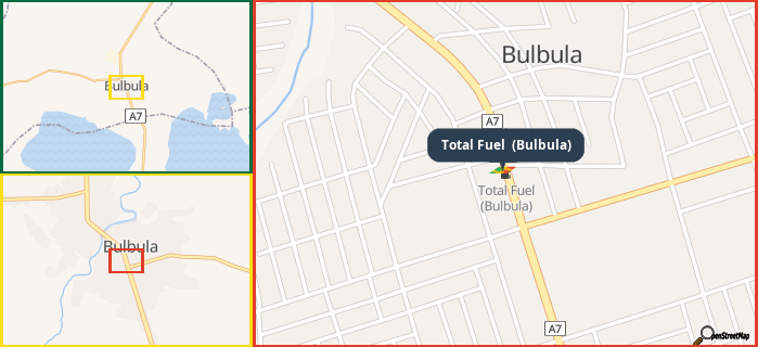 Map showing the address of Total Fuel  (Bulbula) in three different zoom levels.