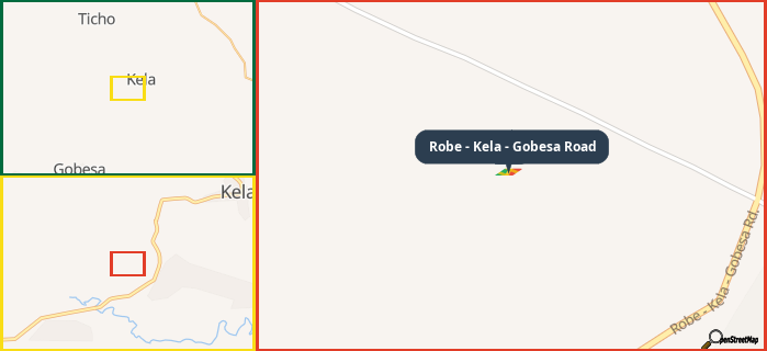 Map showing the address of Robe - Kela - Gobesa Road in three different zoom levels.