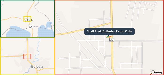 Map showing the address of Shell Fuel (Bulbula). Petrol Only in three different zoom levels.