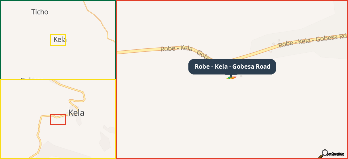 Map showing the address of Robe - Kela - Gobesa Road in three different zoom levels.
