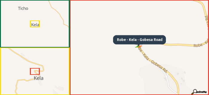 Map showing the address of Robe - Kela - Gobesa Road in three different zoom levels.