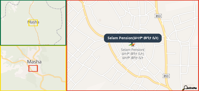 Map showing the address of Selam Pension(ሠላም መኝታ ቤት) in three different zoom levels.