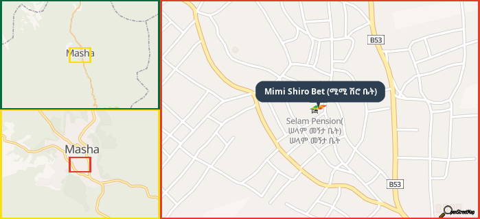 Map showing the address of Mimi Shiro Bet (ሚሚ ሽሮ ቤት) in three different zoom levels.
