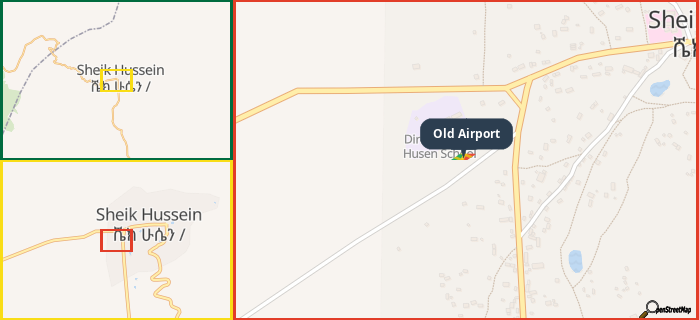Map showing the address of Old Airport in three different zoom levels.