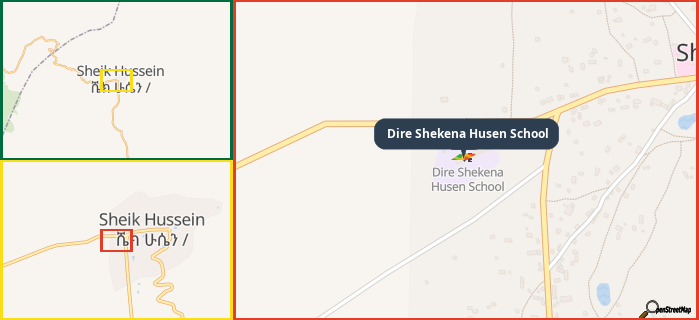 Map showing the address of Dire Shekena Husen School in three different zoom levels.