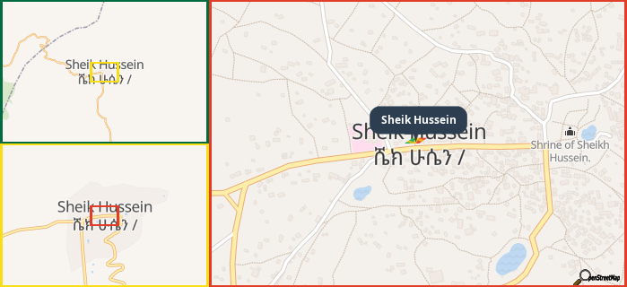 Map showing the address of Sheik Hussein in three different zoom levels.