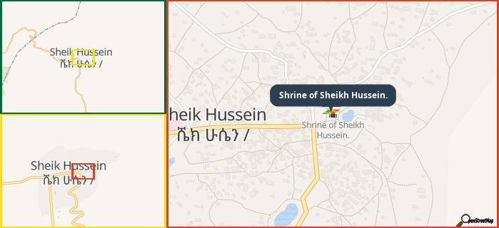 Map showing the address of Shrine of Sheikh Hussein. in three different zoom levels.
