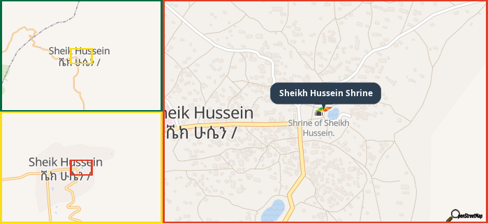 Map showing the address of Sheikh Hussein Shrine in three different zoom levels.