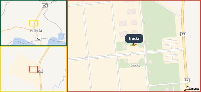 Map showing the address of trucks in three different zoom levels.