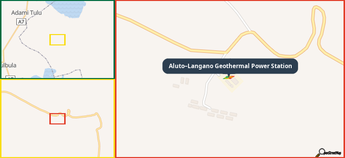 Map showing the address of Aluto–Langano Geothermal Power Station in three different zoom levels.