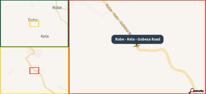 Map showing the address of Robe - Kela - Gobesa Road in three different zoom levels.
