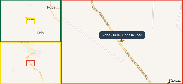 Map showing the address of Robe - Kela - Gobesa Road in three different zoom levels.