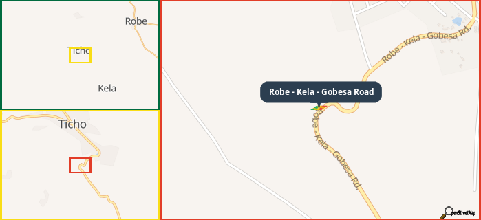 Map showing the address of Robe - Kela - Gobesa Road in three different zoom levels.