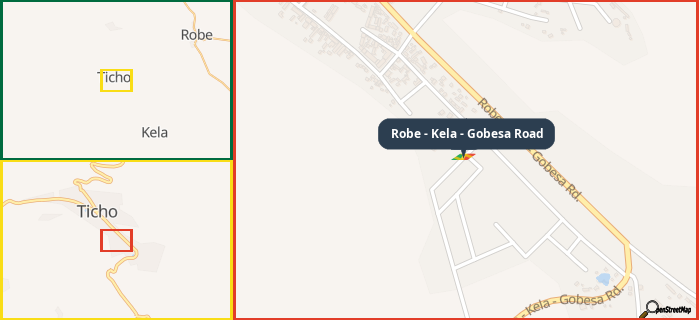 Map showing the address of Robe - Kela - Gobesa Road in three different zoom levels.