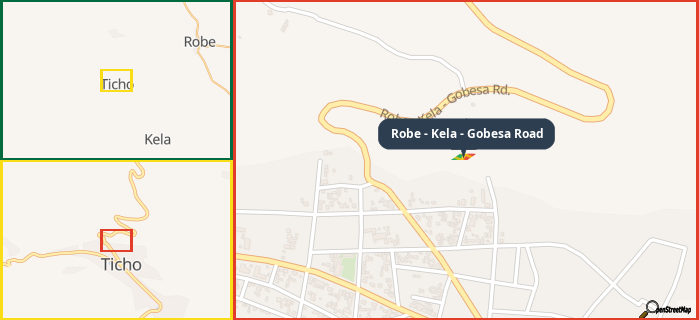 Map showing the address of Robe - Kela - Gobesa Road in three different zoom levels.