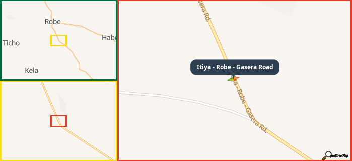 Map showing the address of Itiya - Robe - Gasera Road in three different zoom levels.