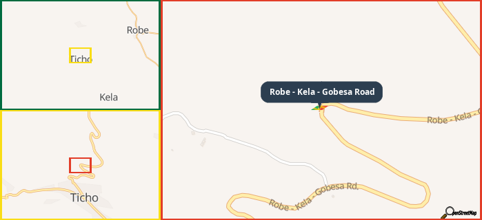 Map showing the address of Robe - Kela - Gobesa Road in three different zoom levels.