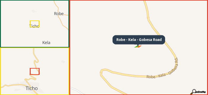 Map showing the address of Robe - Kela - Gobesa Road in three different zoom levels.