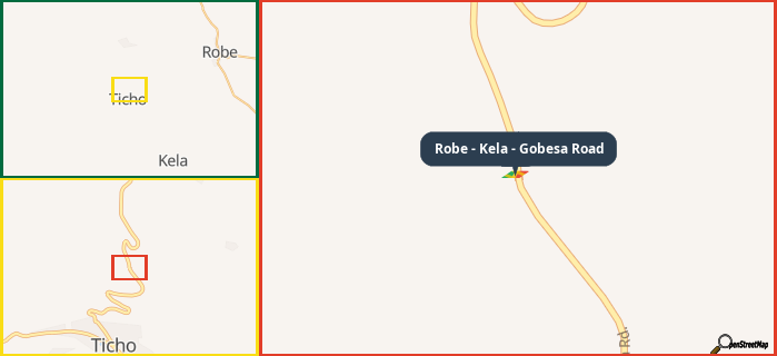 Map showing the address of Robe - Kela - Gobesa Road in three different zoom levels.