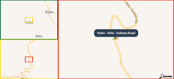 Map showing the address of Robe - Kela - Gobesa Road in three different zoom levels.