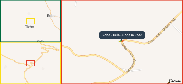 Map showing the address of Robe - Kela - Gobesa Road in three different zoom levels.