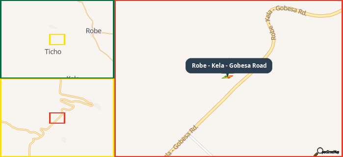 Map showing the address of Robe - Kela - Gobesa Road in three different zoom levels.