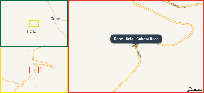 Map showing the address of Robe - Kela - Gobesa Road in three different zoom levels.