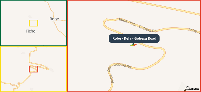 Map showing the address of Robe - Kela - Gobesa Road in three different zoom levels.